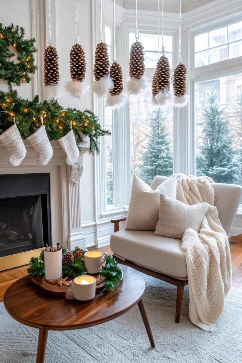 hanging pinecone clusters dipped in white paint for snowy effect 1