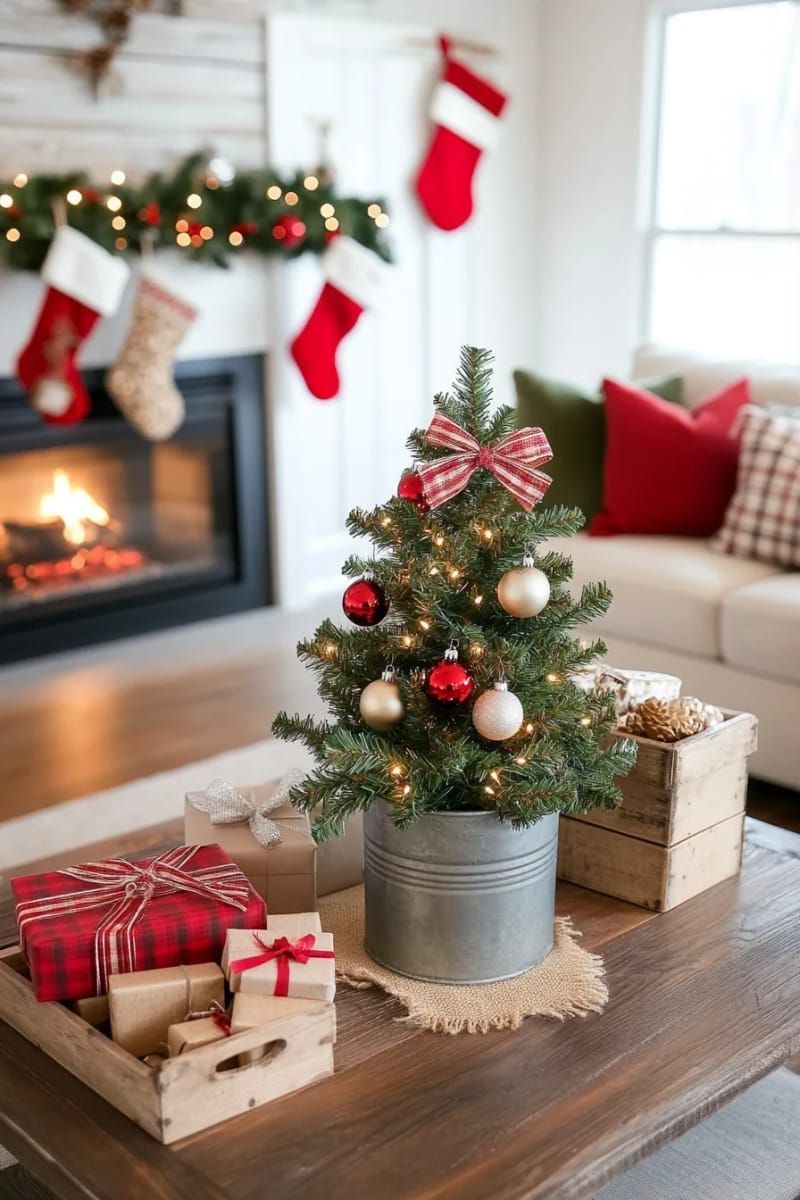 mini tabletop christmas tree in a galvanized metal bucket 1