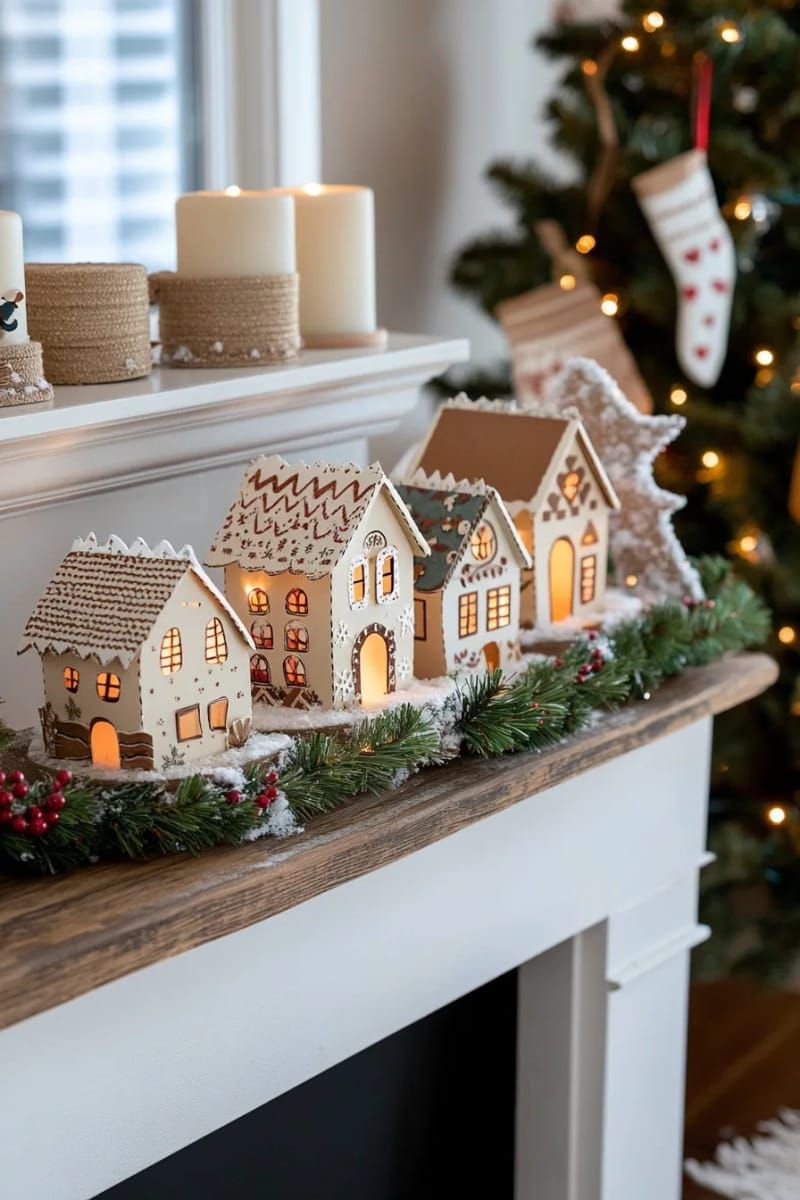 hand-cut paper gingerbread house village with glowing led lights 1