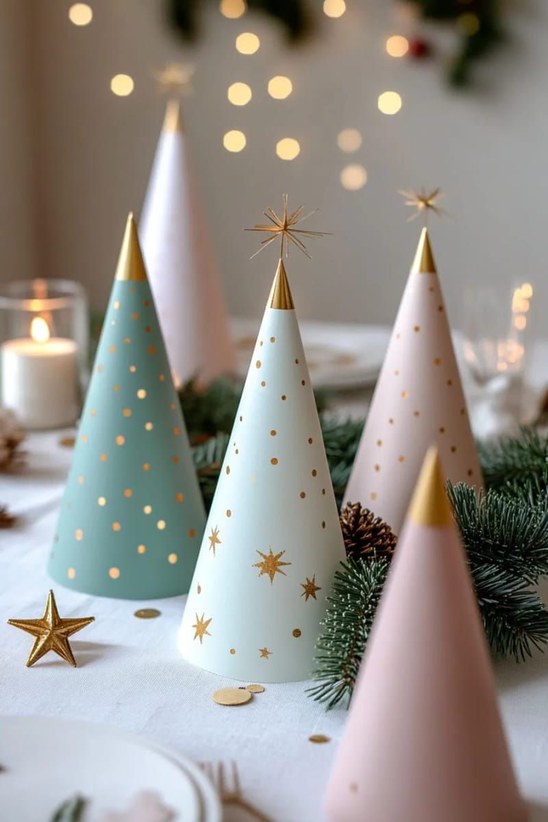 whimsical paper tree cones with gold-tipped branches for table decor 1