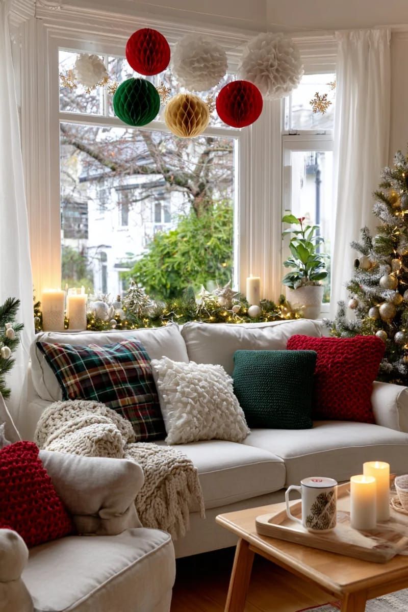 festive honeycomb paper ball ornaments in bold red, green, and gold 1