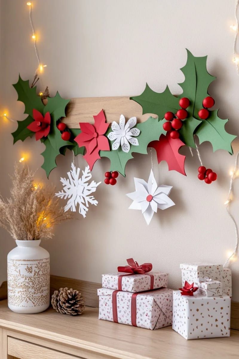 playful paper holly leaf and berry garland for festive walls 1