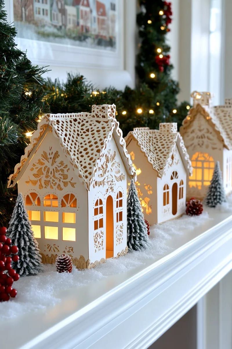 hand-cut paper gingerbread house village with glowing led lights 1