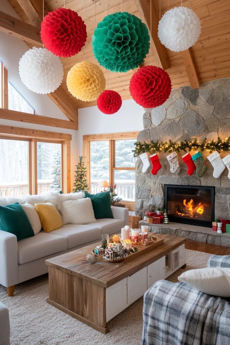 festive honeycomb paper ball ornaments in bold red, green, and gold 1