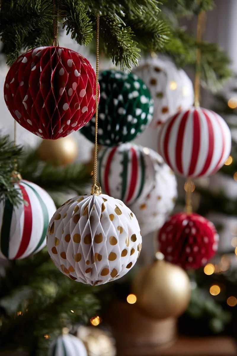 multi-dimensional paper baubles with alternating stripes and polka dots 1