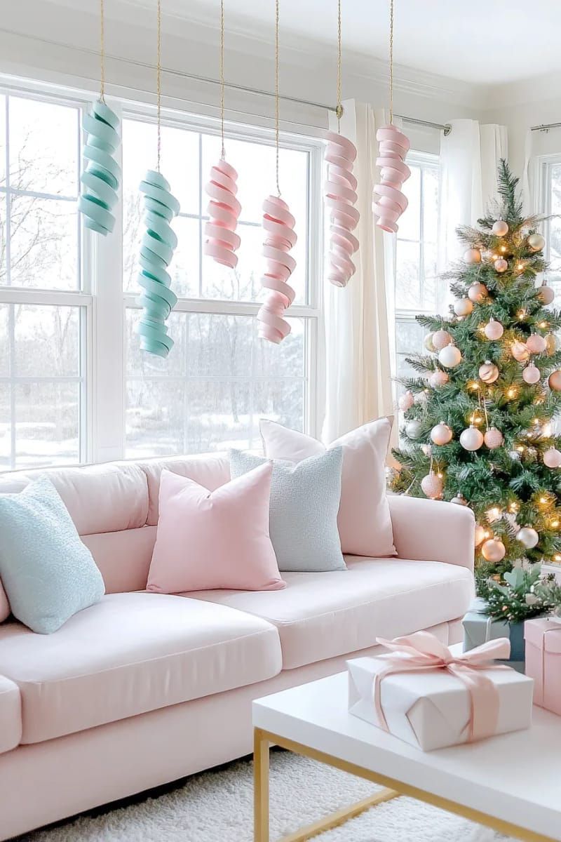 hanging paper spiral ornaments in metallic and pastel shades 1