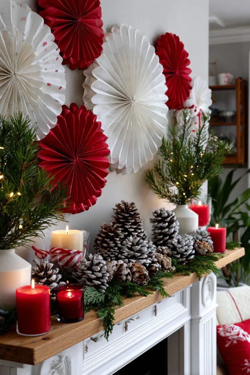 classic red and white paper medallions paired with pinecones 1