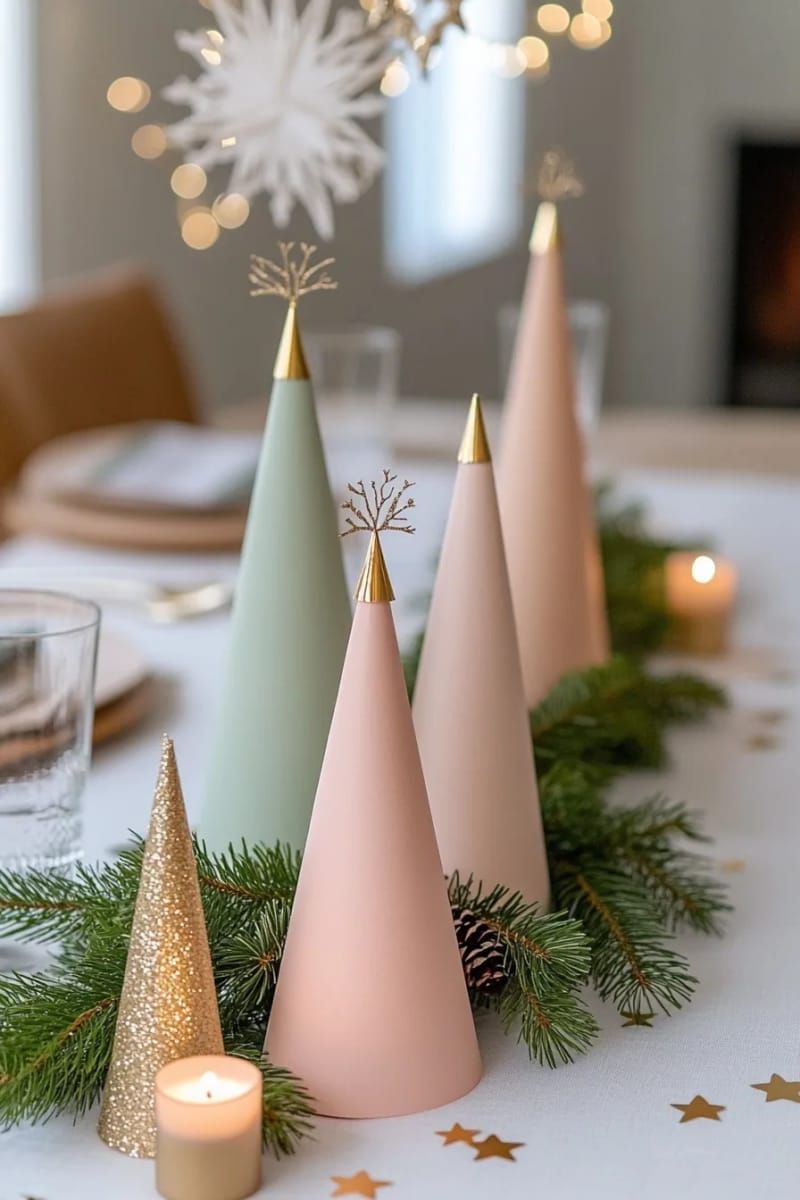 whimsical paper tree cones with gold-tipped branches for table decor 1