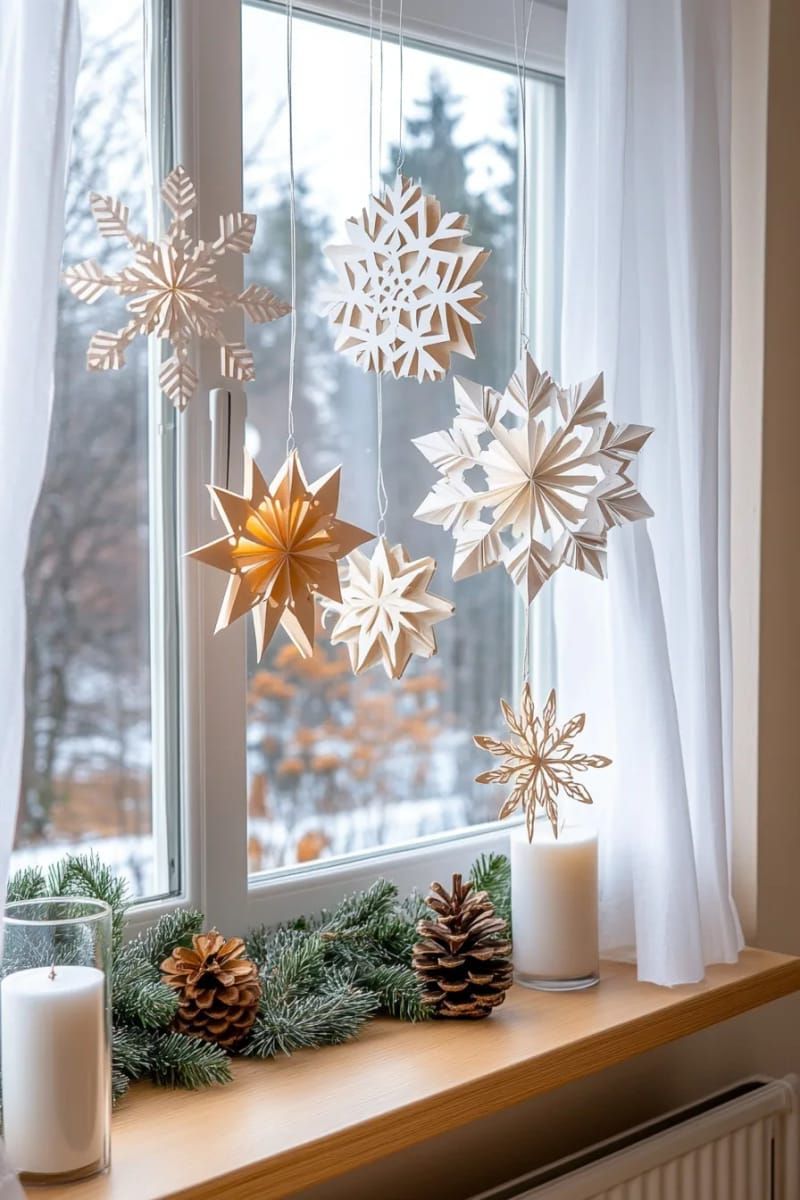 layered paper snowflake mobiles for a dreamy window display 1