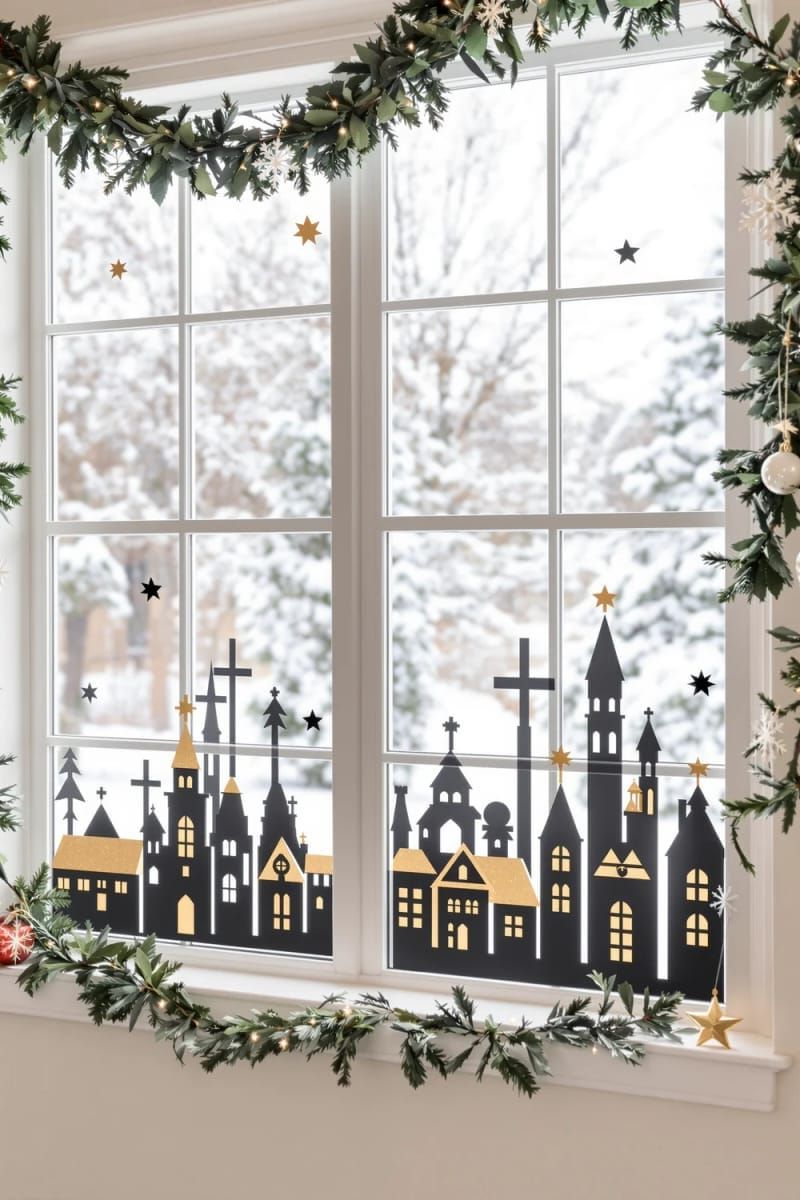 modern christmas village window silhouette stickers with gold foil rooftops 1