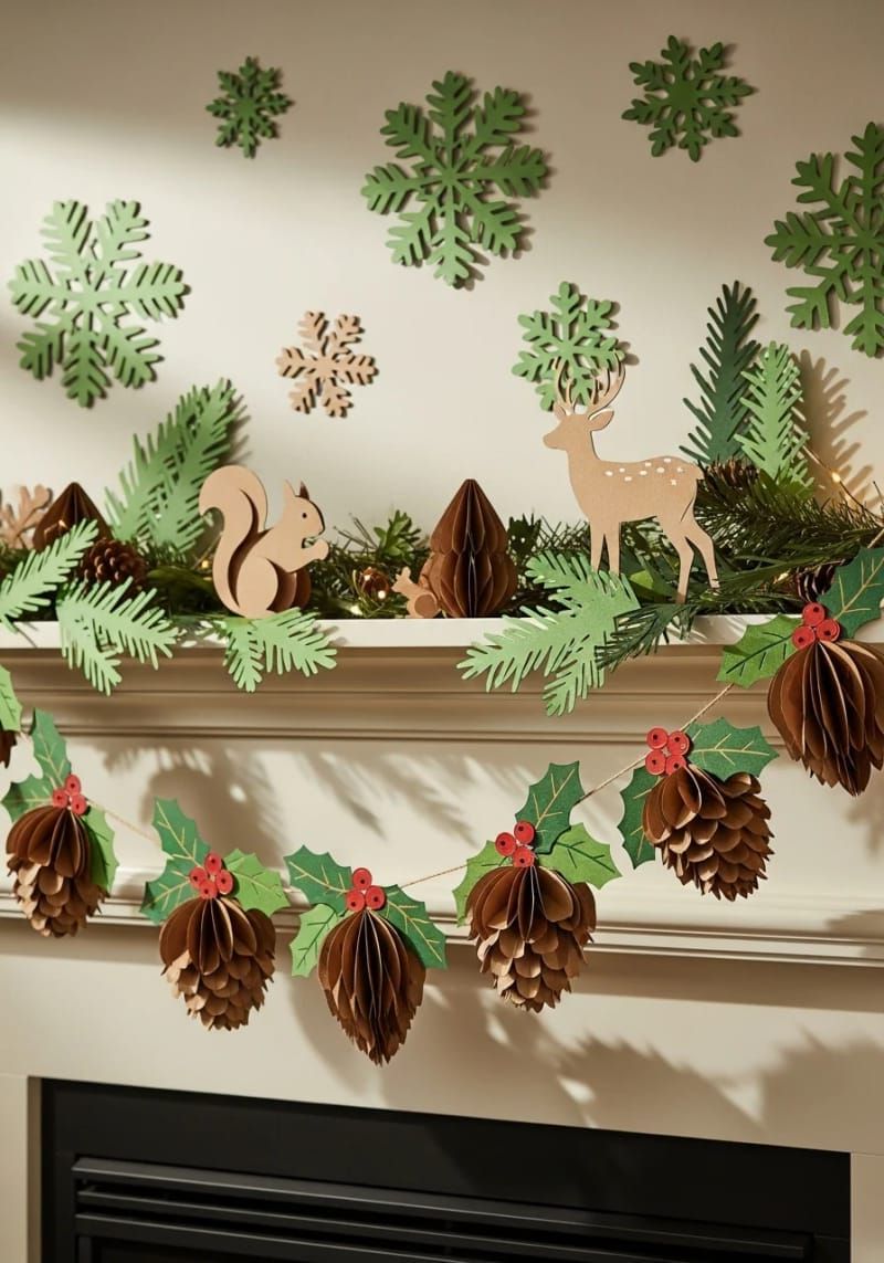 nature-inspired pinecone and holly garland with 3d paper textures 1