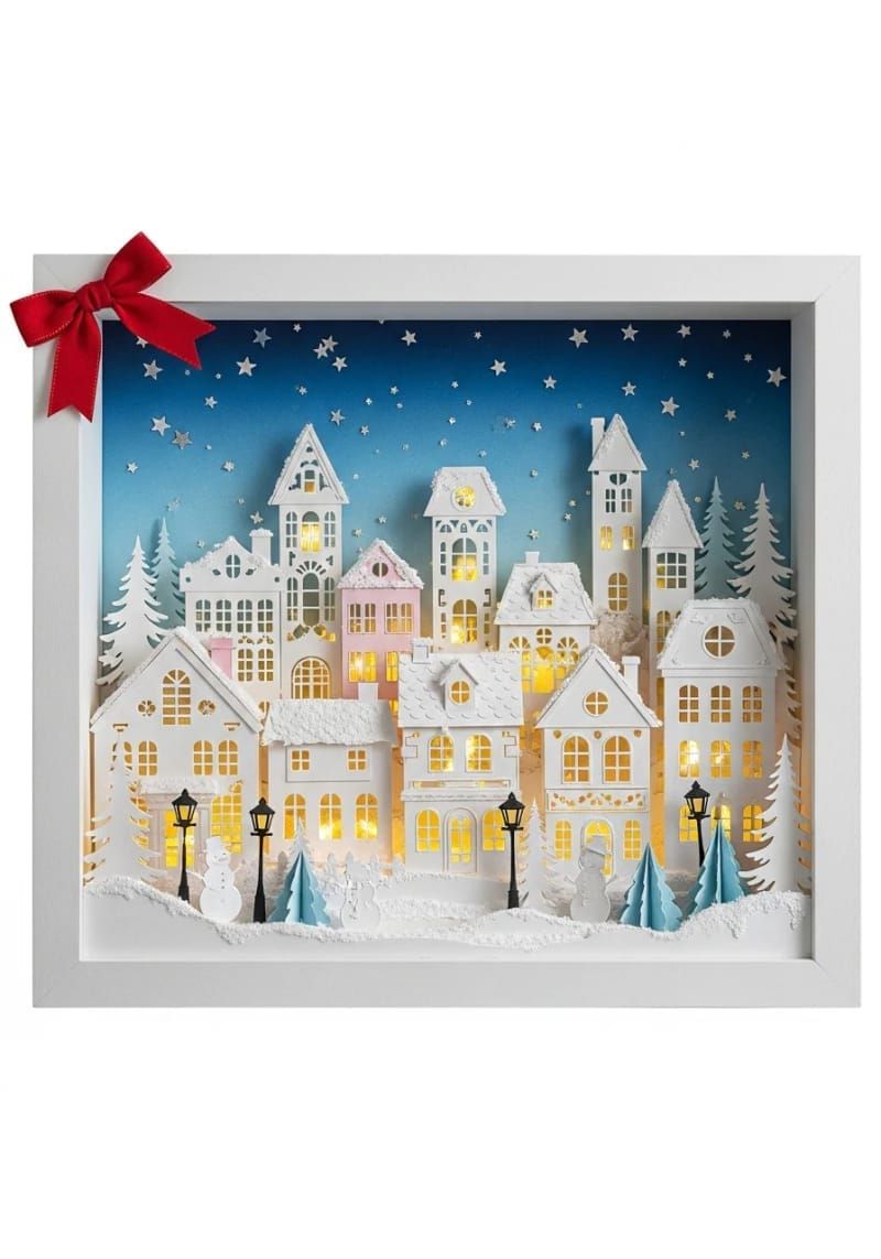 shadowbox snowy town scene with layered cardstock buildings 1