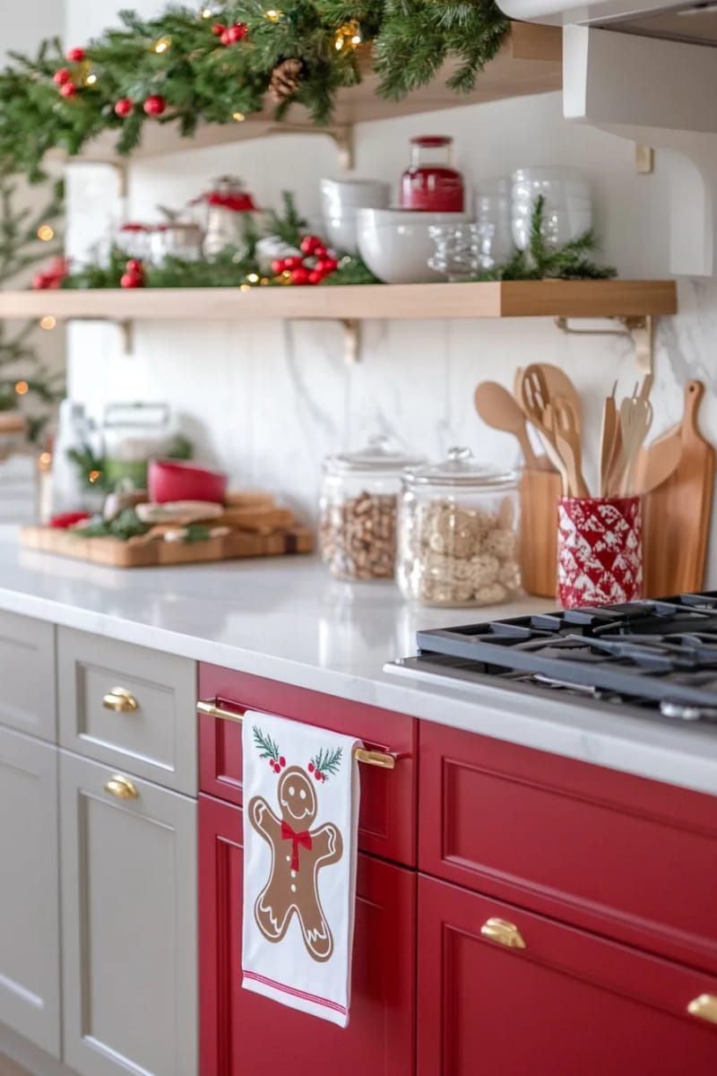 festive kitchen tea towel with cricut iron-on gingerbread man 1