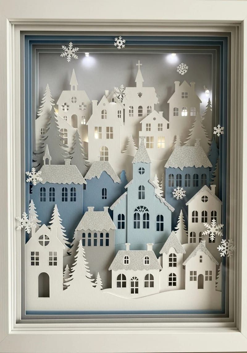shadowbox snowy town scene with layered cardstock buildings 1