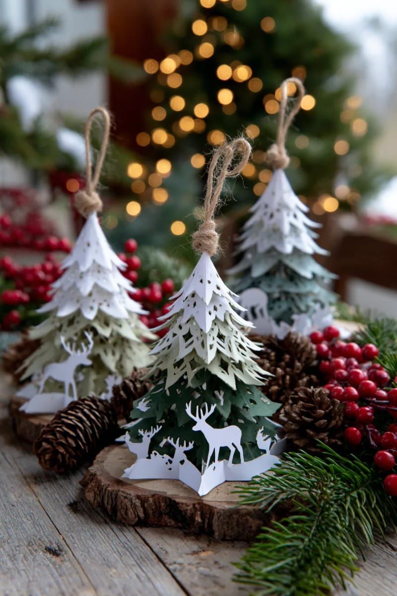 forest animal ornament set with layered pine trees and deer 1