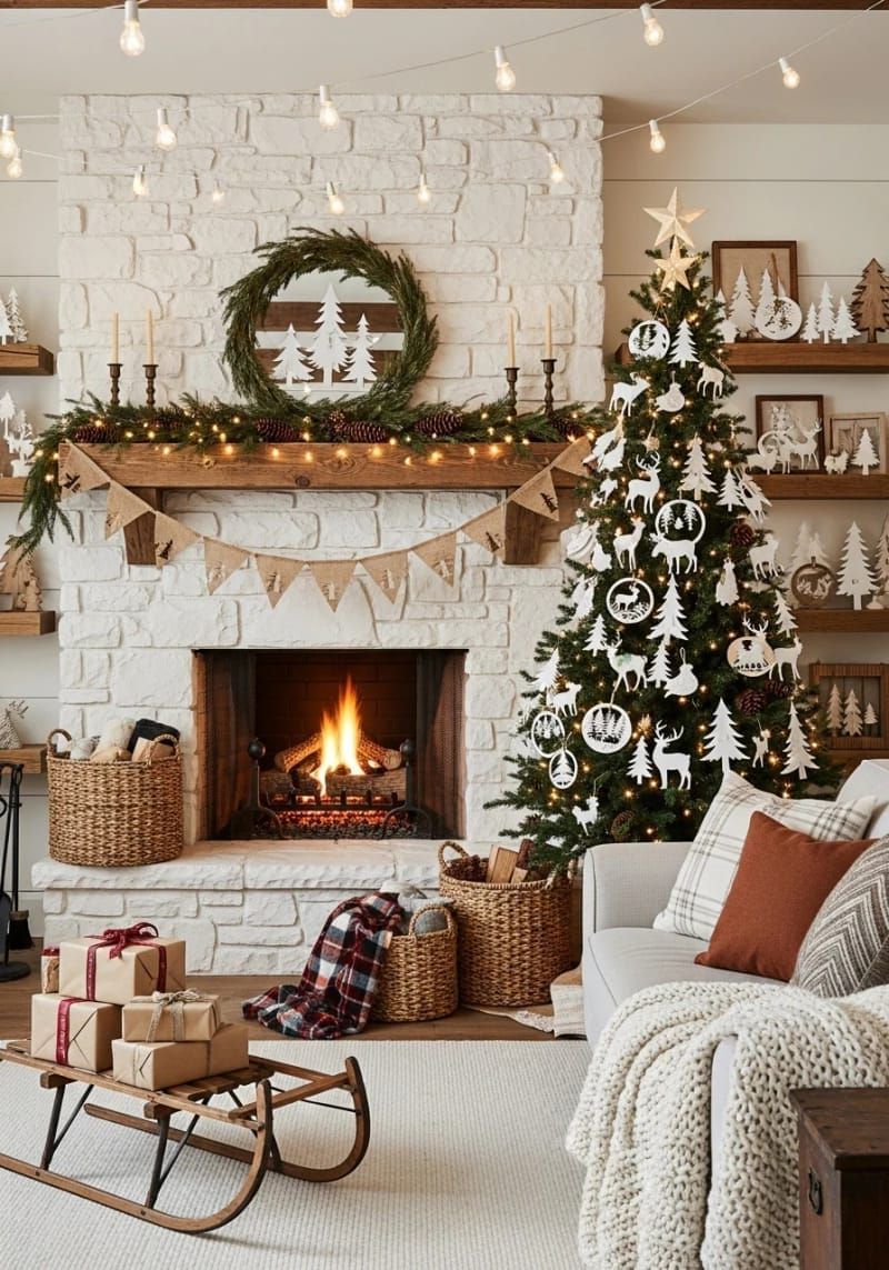 forest animal ornament set with layered pine trees and deer 1