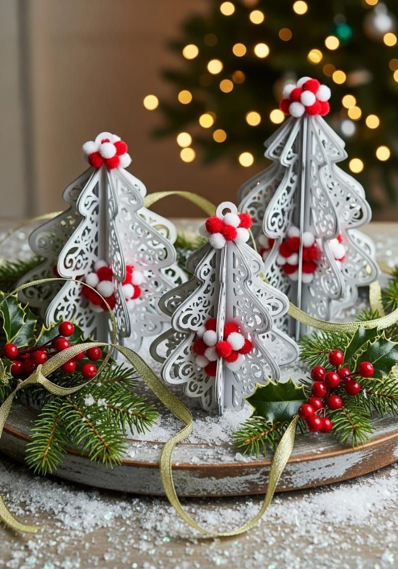 3d christmas tree ornaments with snowflake cutouts and mini pom-poms 1