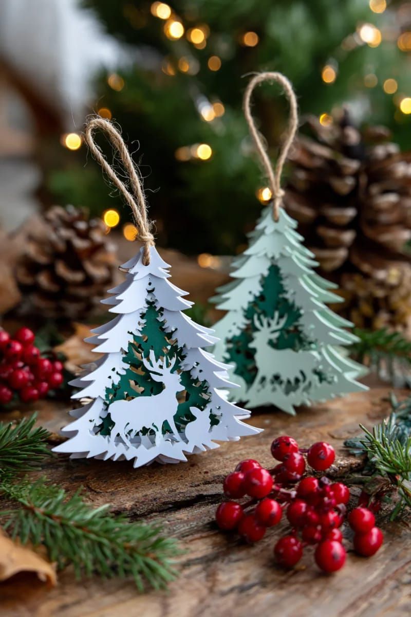 forest animal ornament set with layered pine trees and deer 1