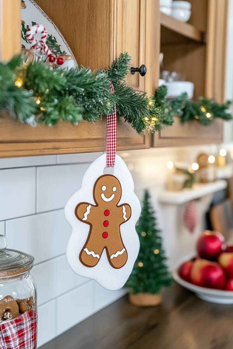 festive kitchen tea towel with cricut iron-on gingerbread man 1