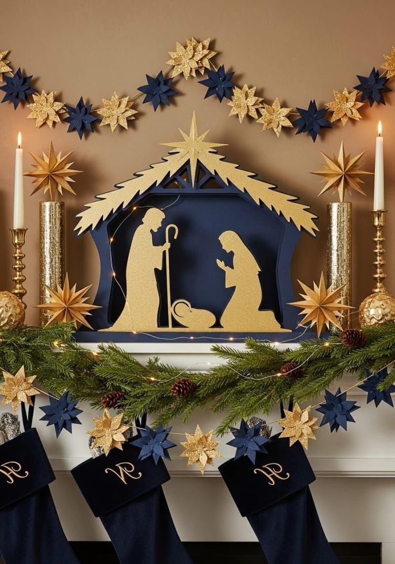 elegant nativity scene mantelpiece with layered gold and navy cardstock 1