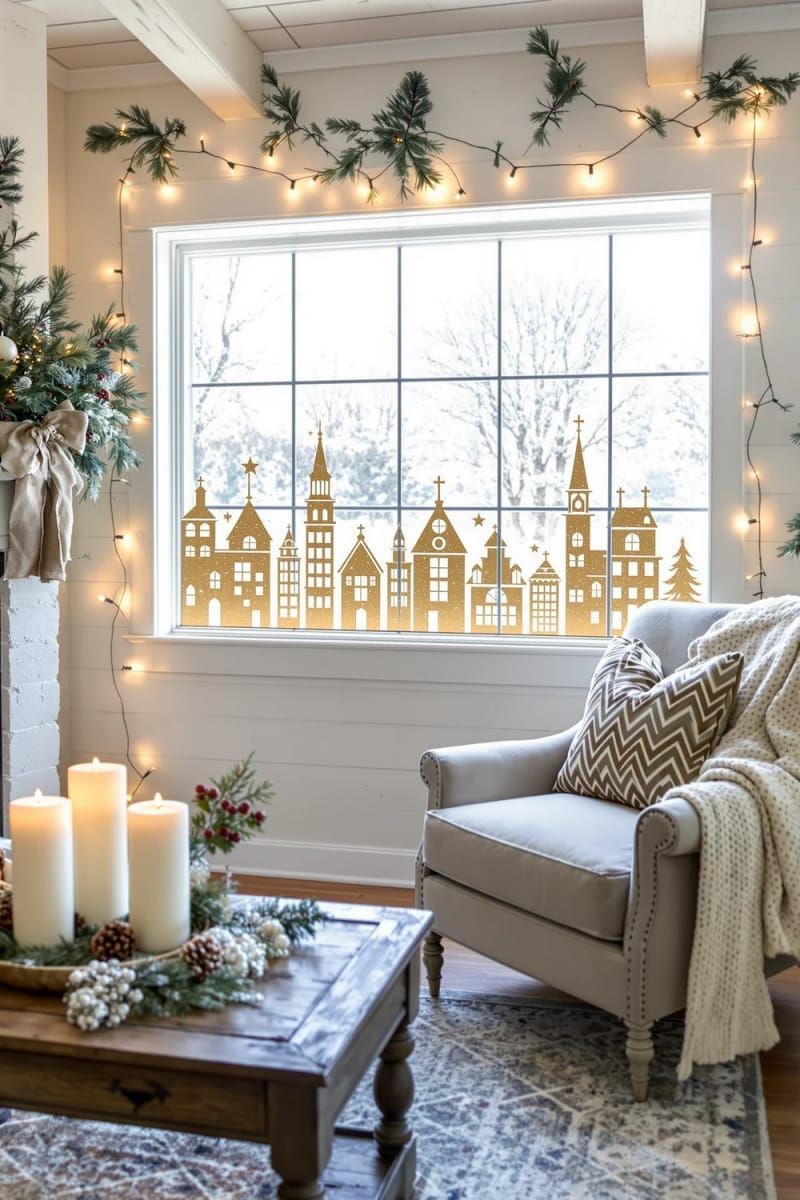 modern christmas village window silhouette stickers with gold foil rooftops 1