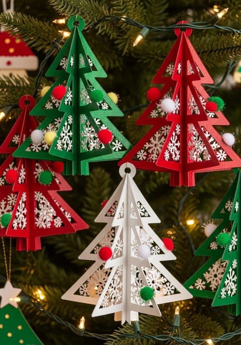 3d christmas tree ornaments with snowflake cutouts and mini pom-poms 1