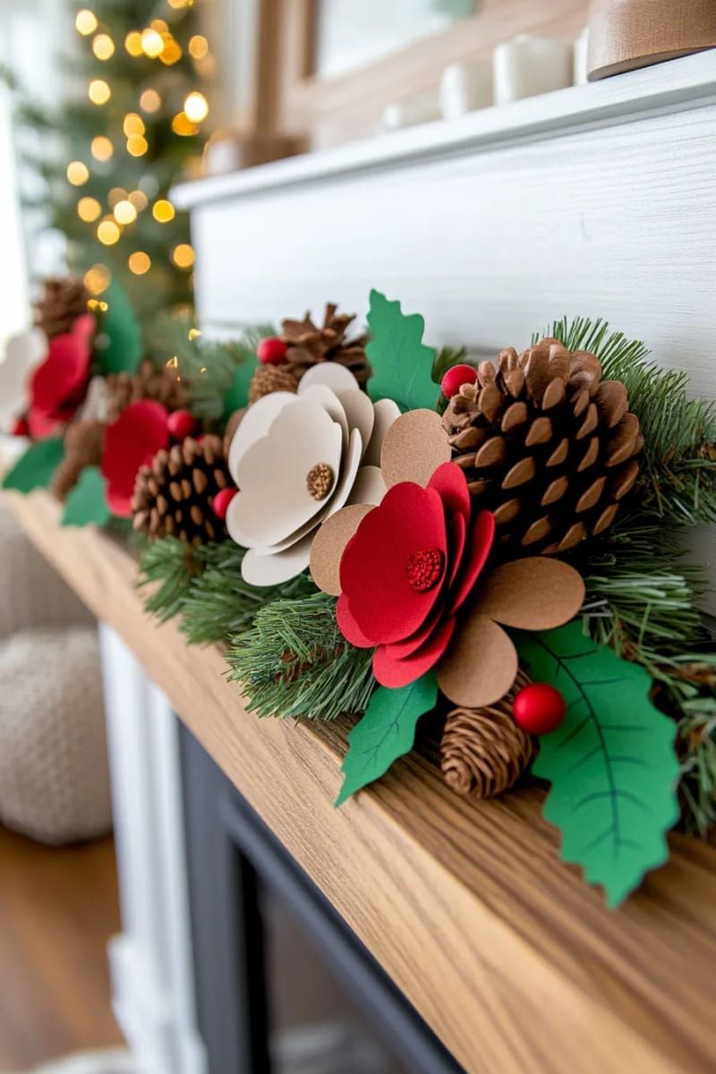 nature-inspired pinecone and holly garland with 3d paper textures 1