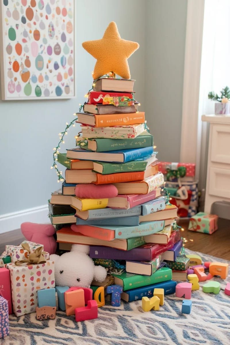 christmas tree made entirely from stacked books, topped with a plush star 1
