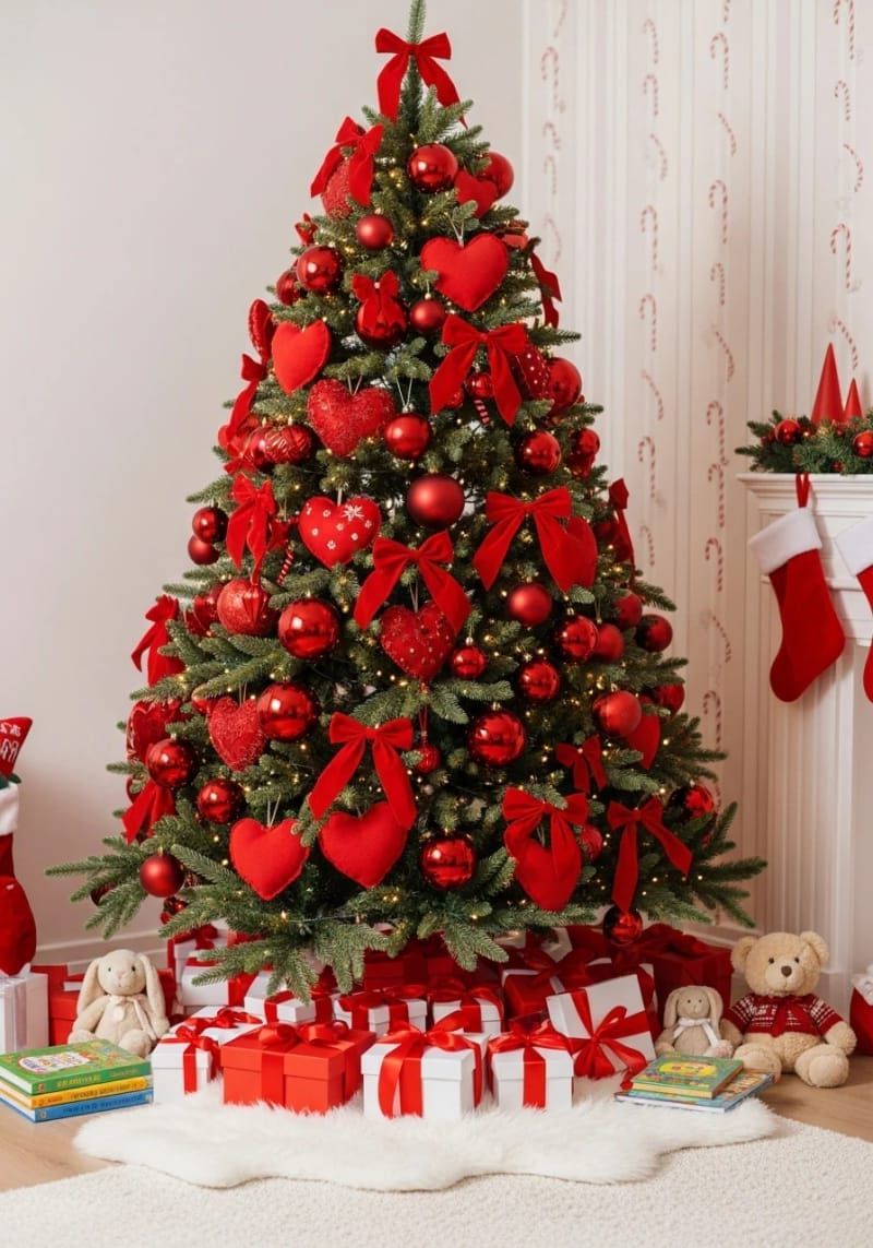 all-red christmas tree with plush heart ornaments for a bold, loving look 1