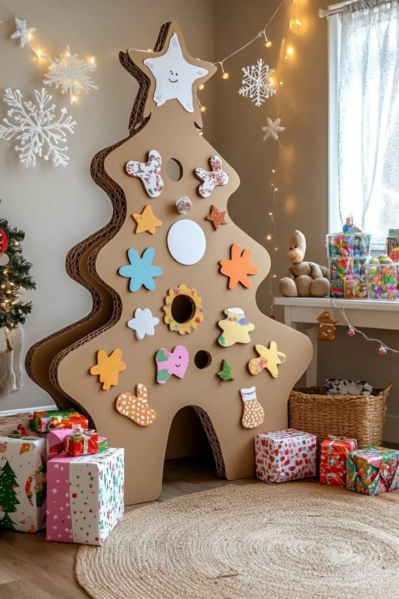 giant cardboard cutout christmas tree with stick-on foam shapes 1