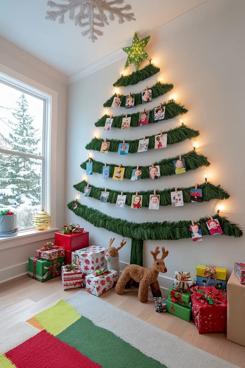 simple garland tree on the wall with mini clothespin photo ornaments 1