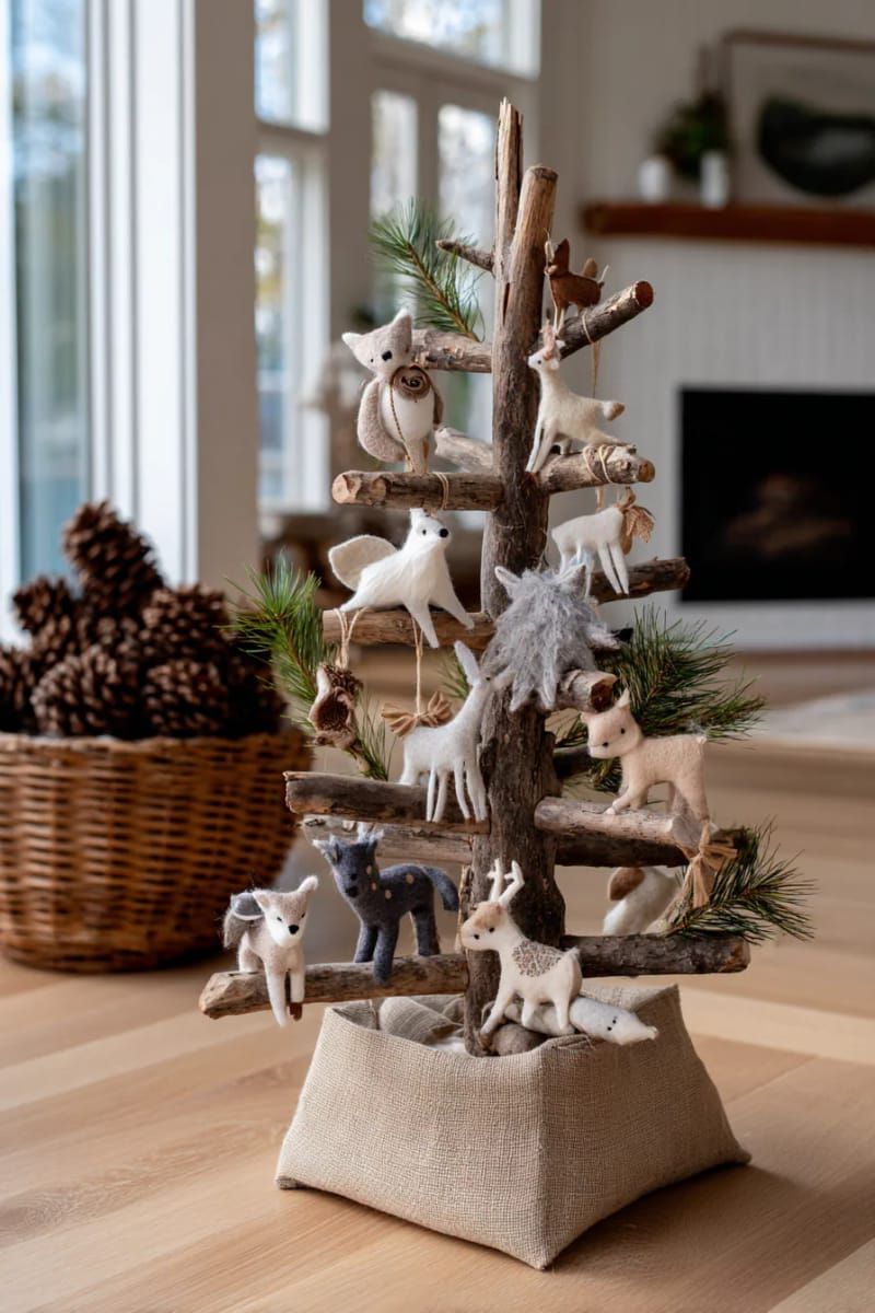 rustic branch tree adorned with woodland animal felt ornaments 1