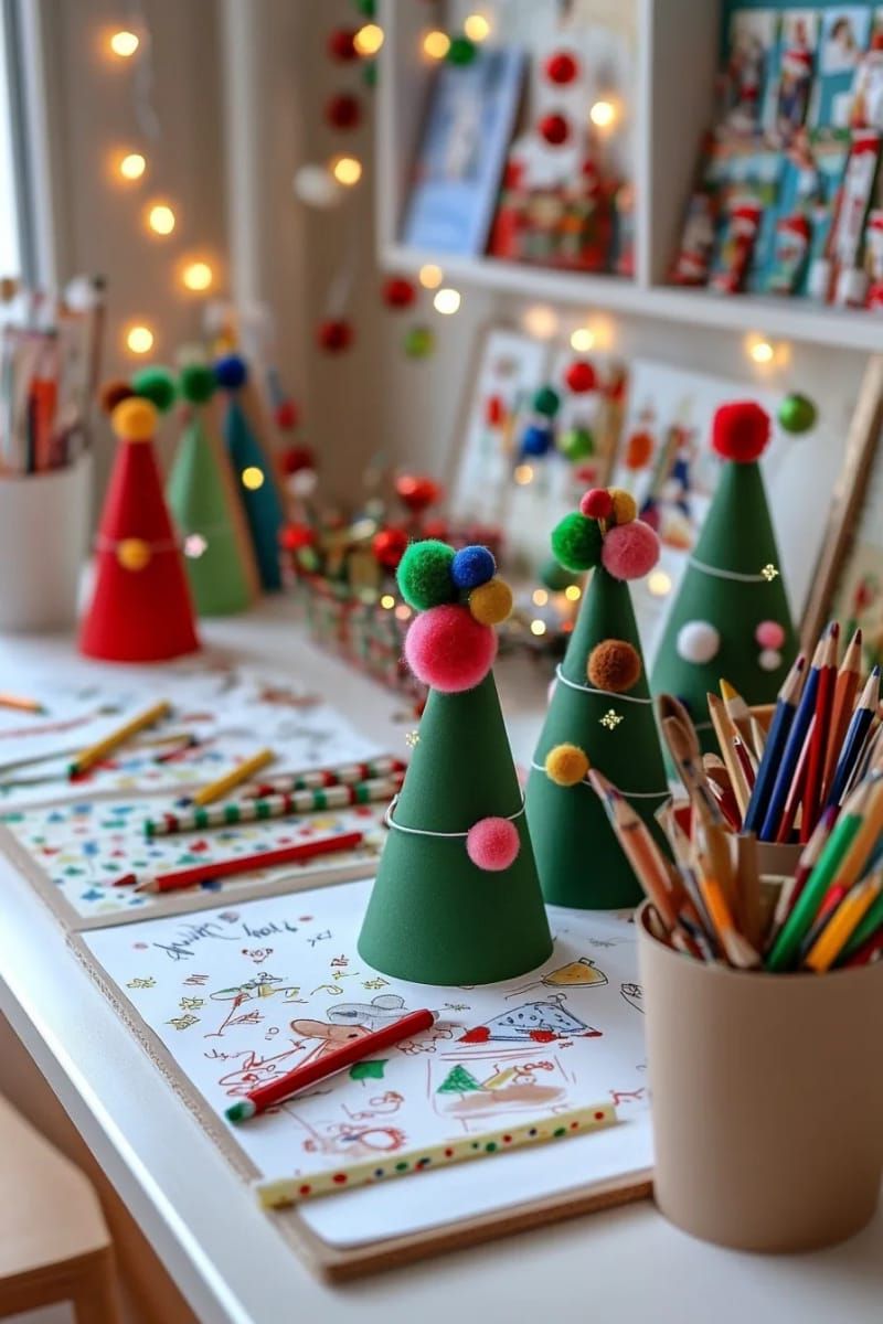 3d cone trees made from green cardboard and pom-poms, displayed on kids’ desks 1