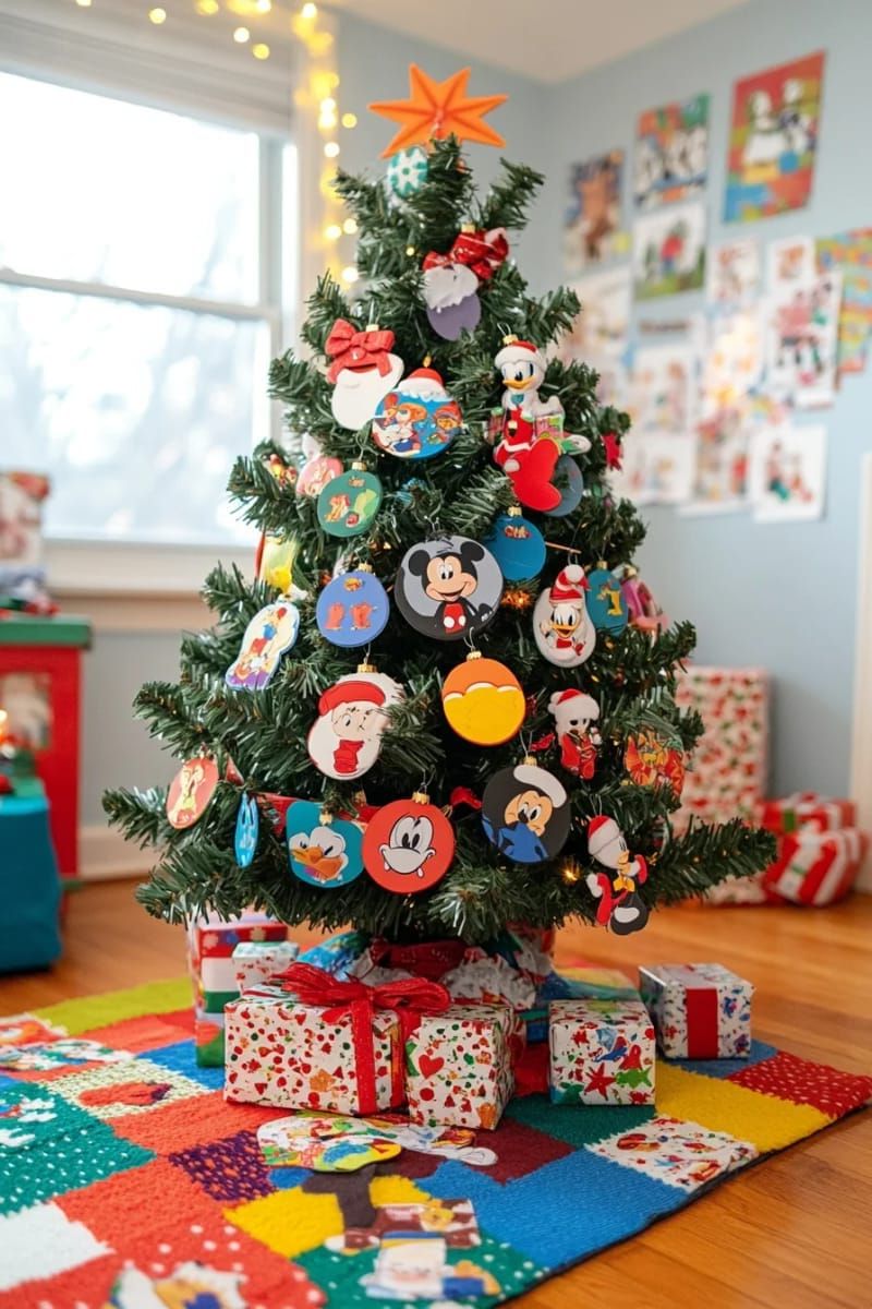 mini tree decorated with kids’ favorite cartoon or disney character ornaments 1