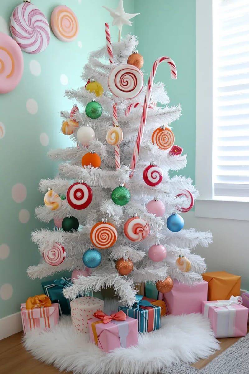 candyland themed tree with faux sweets and giant lollipops for playful vibes 1