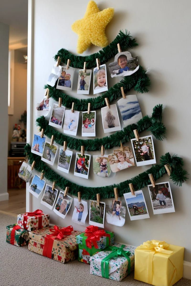 simple garland tree on the wall with mini clothespin photo ornaments 1