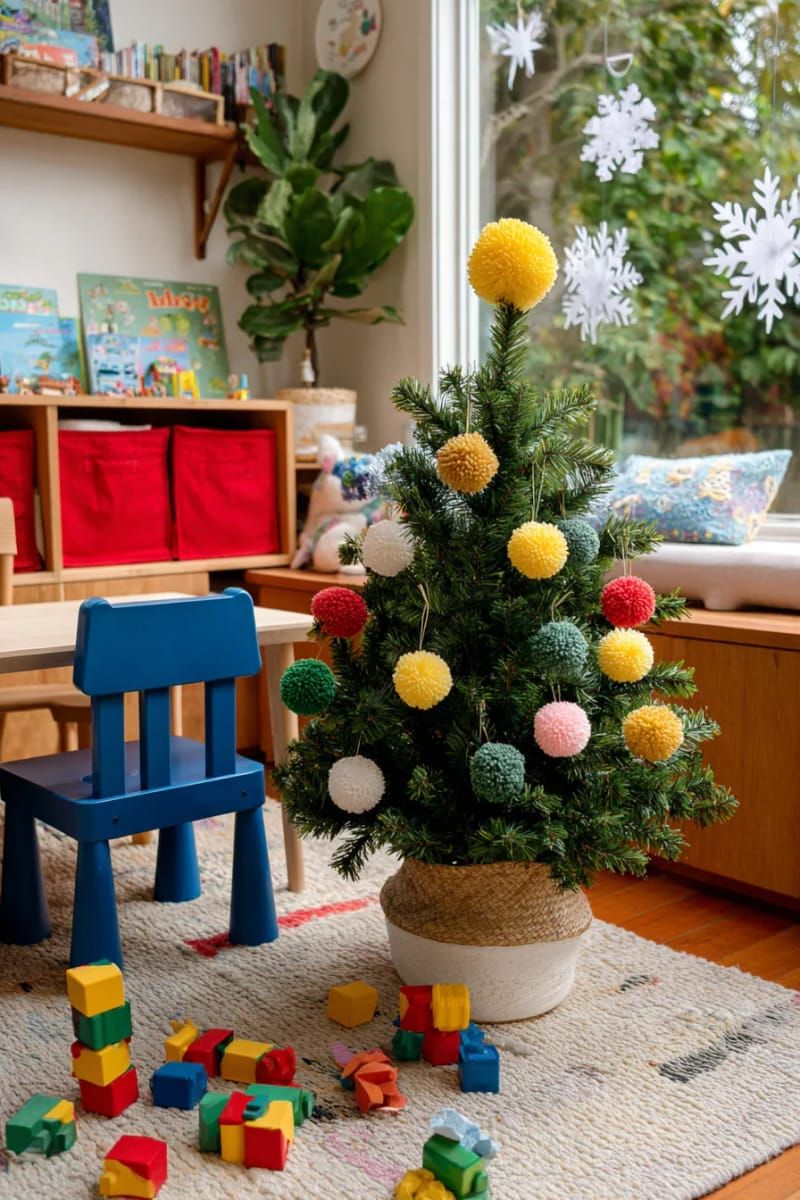rainbow pom-pom decorated mini tree for a vibrant kids’ playroom display 1
