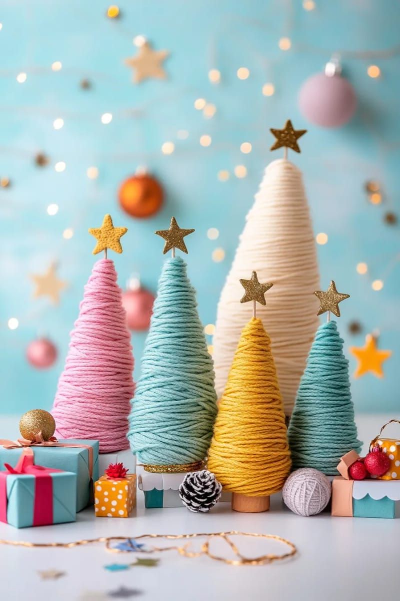 colorful yarn-wrapped cone trees arranged in a whimsical cluster 1