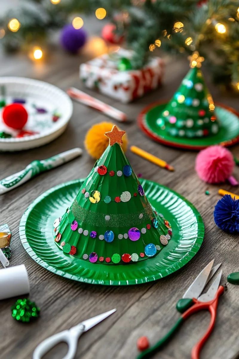 paper plate christmas trees painted and decorated with sparkly sequins 1