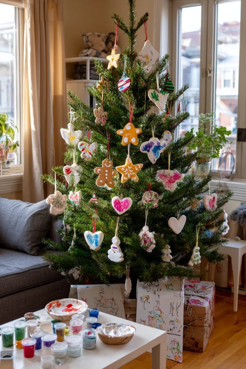 classic green tree covered in homemade salt dough ornaments, painted by kids 1