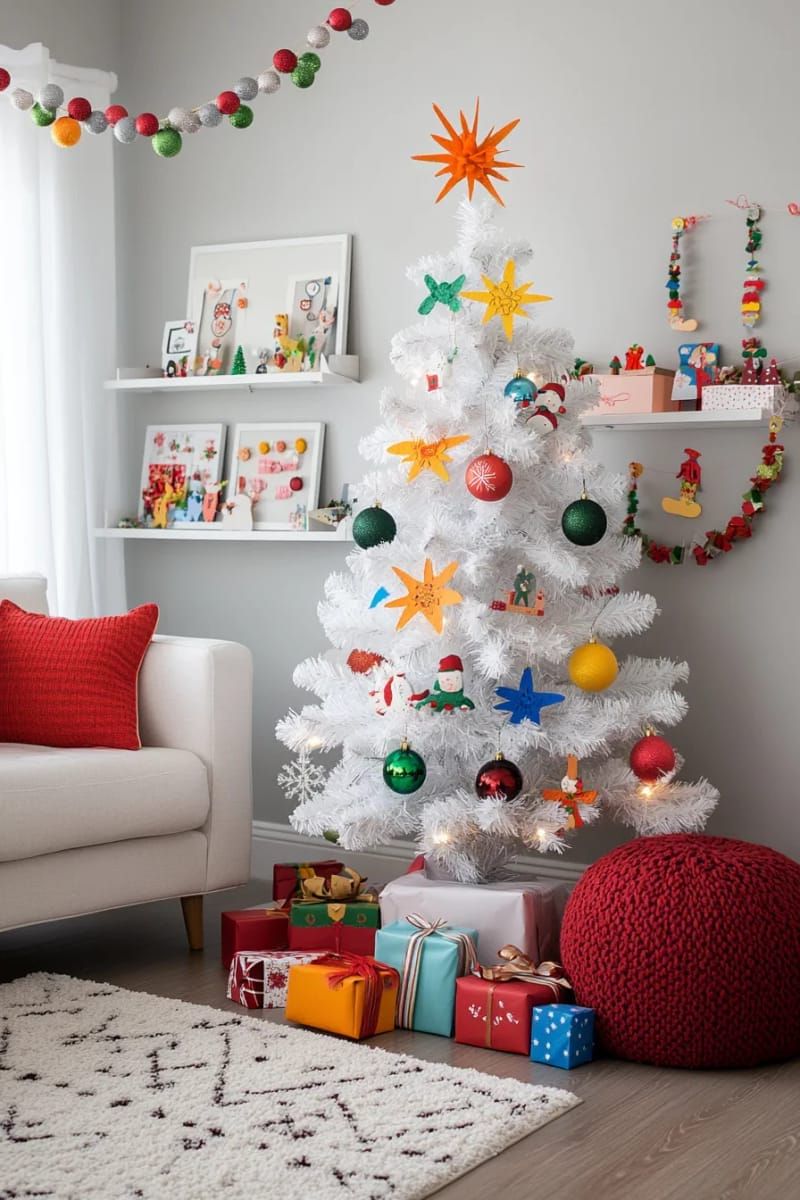 white christmas tree decorated only with handmade kid art as ornaments 1