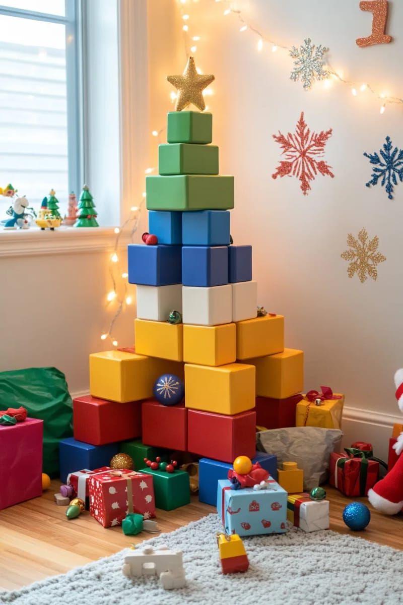 christmas tree constructed from stacked colorful toy blocks or legos 1