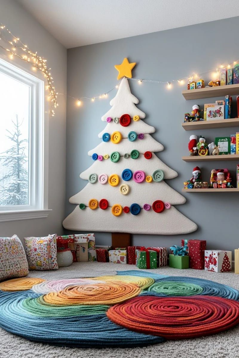 felt christmas tree wall hanging with colorful button ornaments for kids to arrange 1