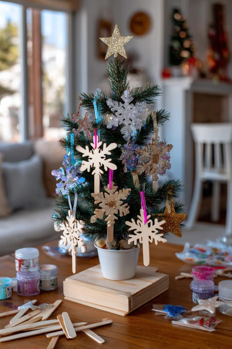 glittery snowflake and star ornaments made from popsicle sticks on a mini tree 1