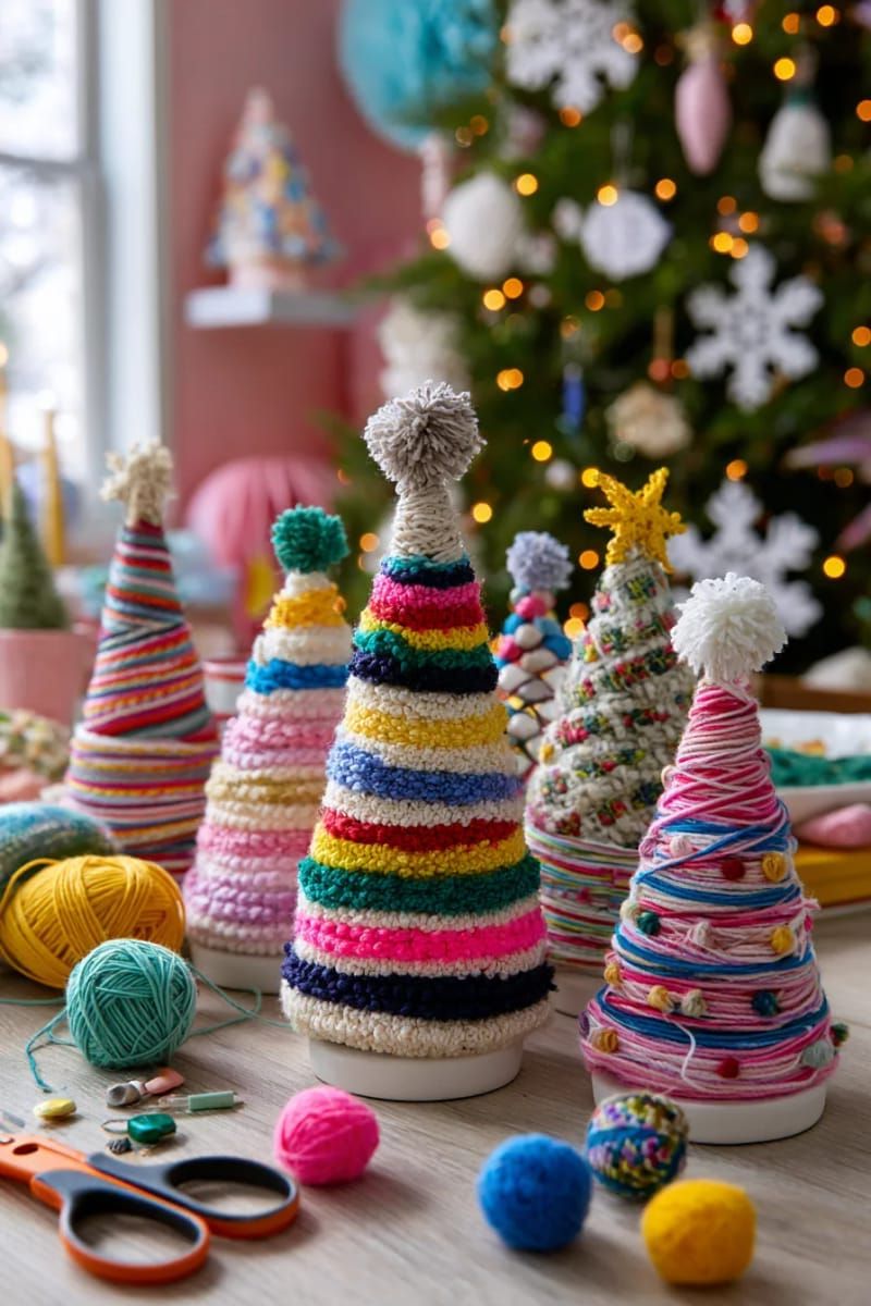 colorful yarn-wrapped cone trees arranged in a whimsical cluster 1