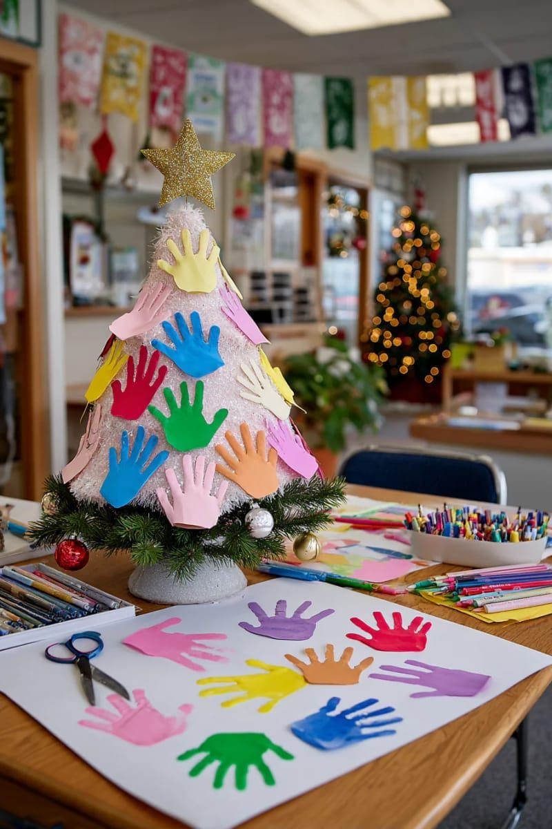 kids’ handprint cut-outs layered to form a unique paper christmas tree 1