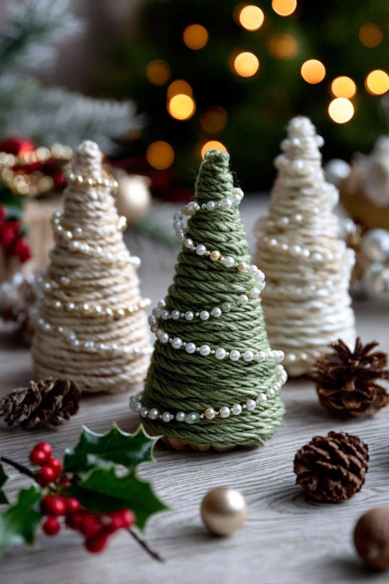 yarn-wrapped cardboard trees with pearl bead garlands 1
