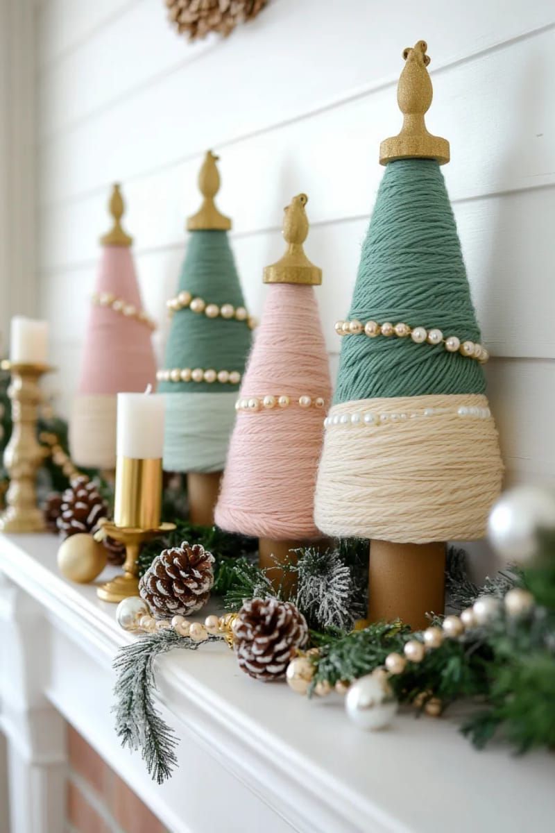 yarn-wrapped cardboard trees with pearl bead garlands 1