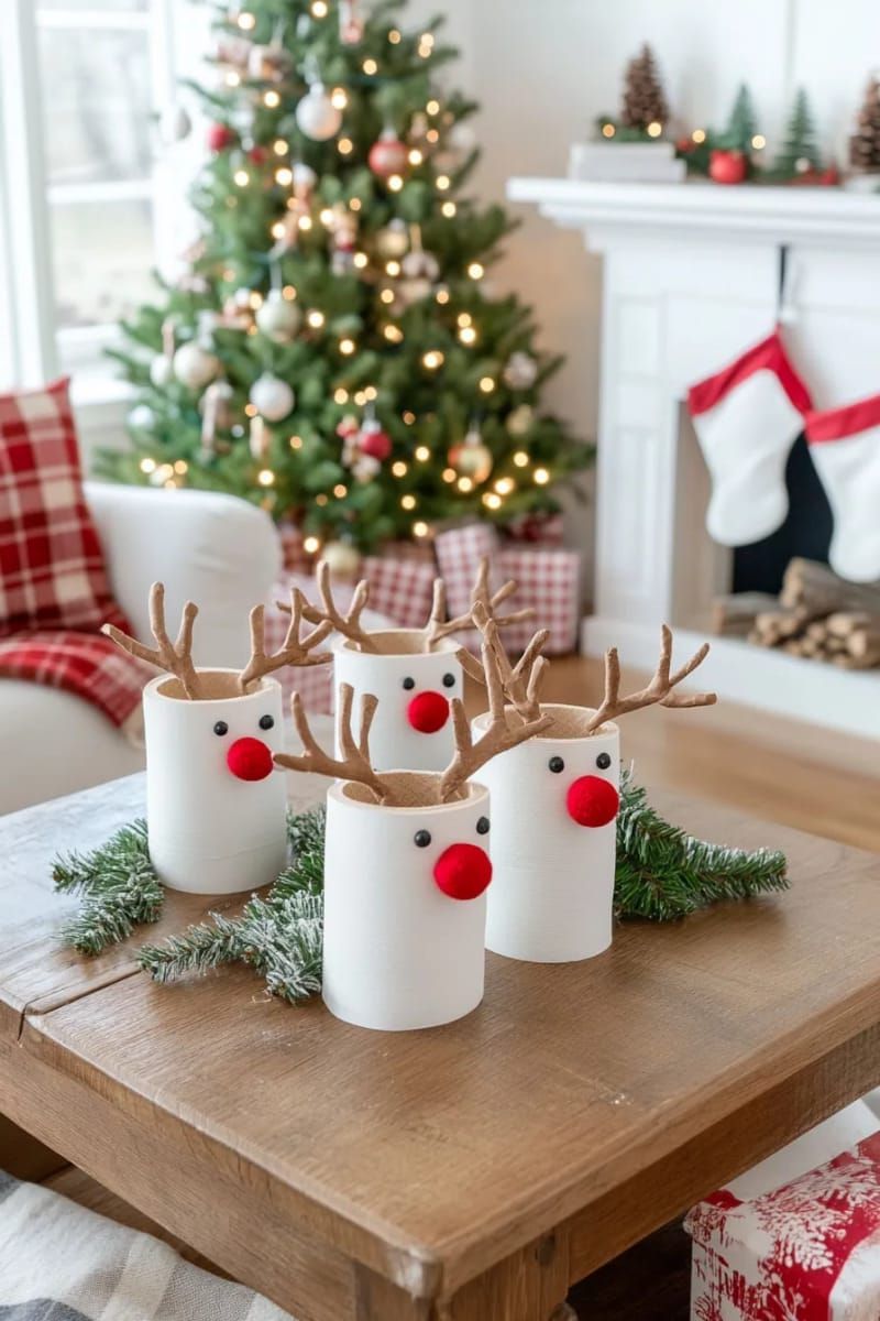 toilet paper roll reindeer with twig antlers and red pom-pom noses 1