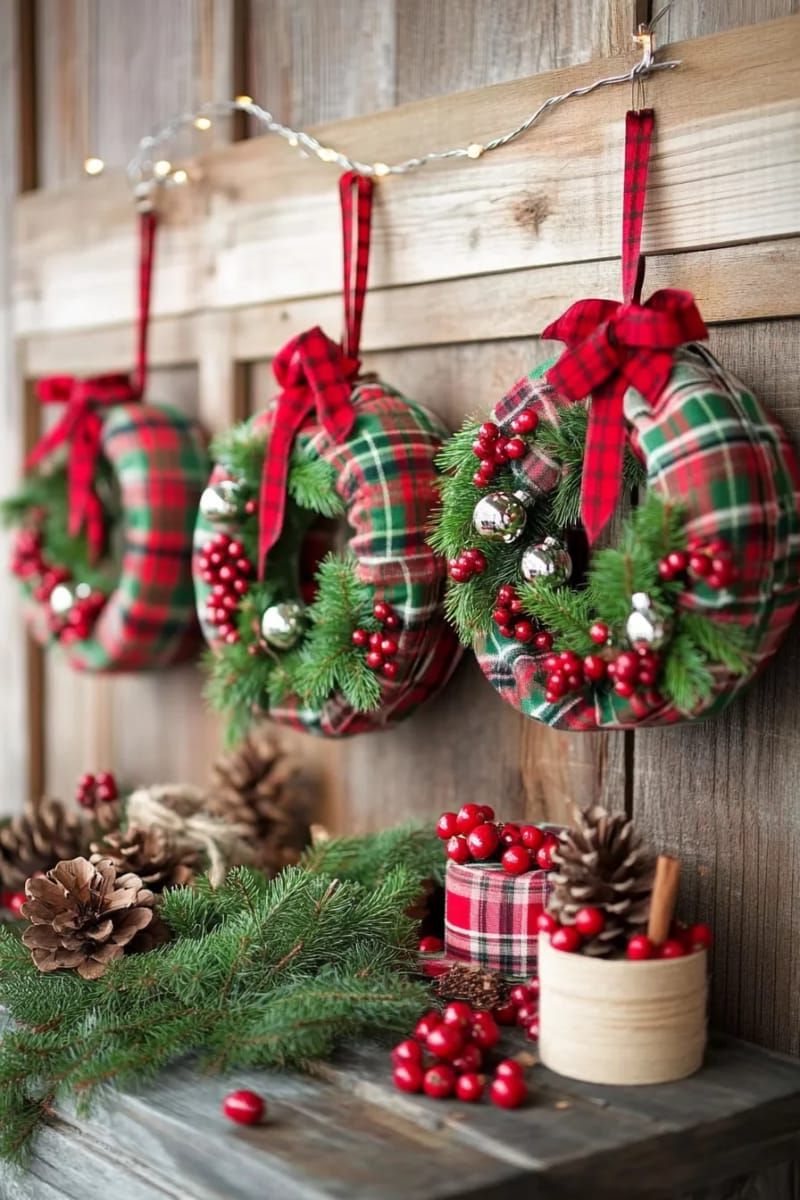 mason jar lid wreaths wrapped in plaid fabric and tiny bells 1